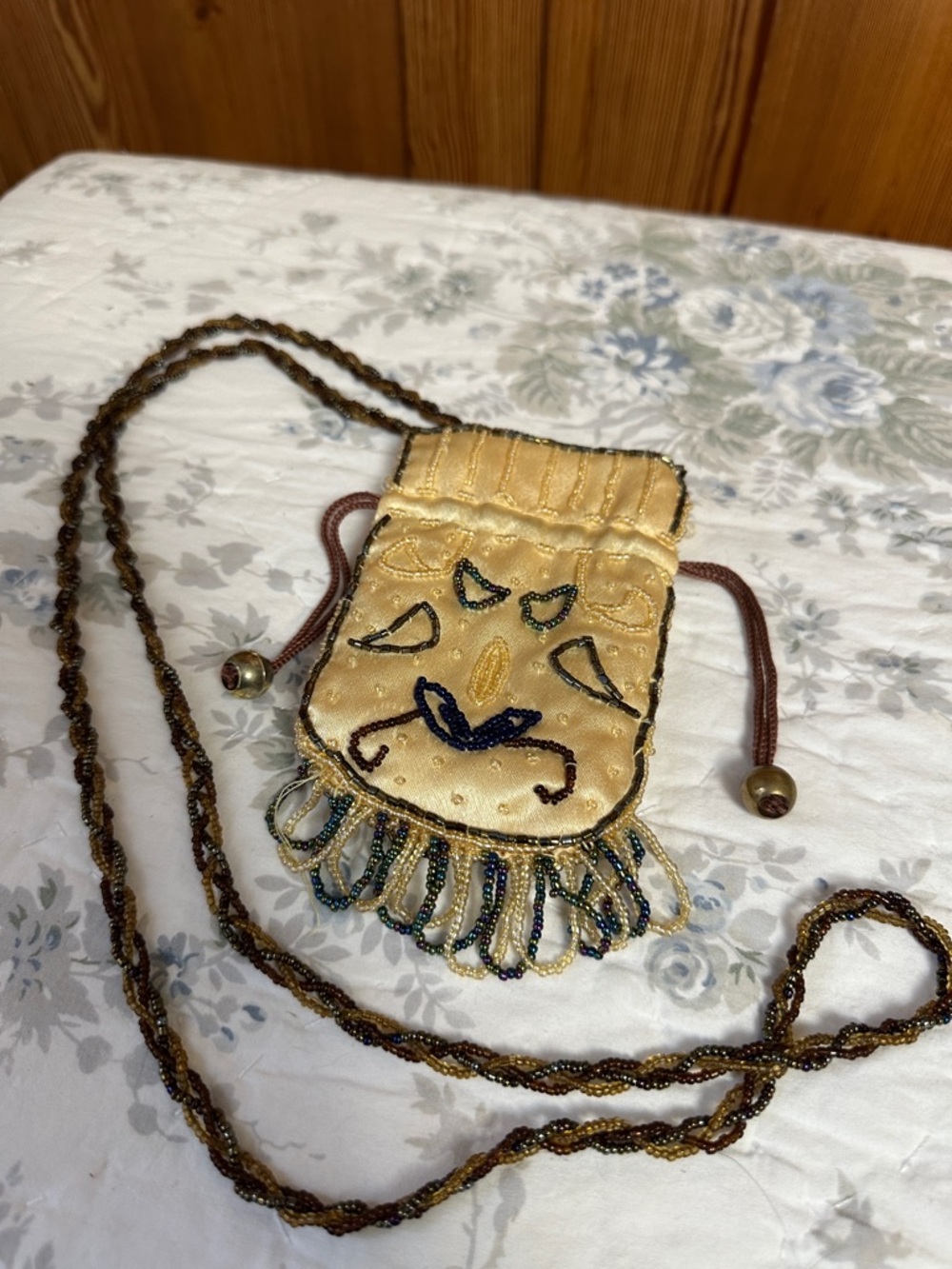 Gold Beaded Drawstring Mini Crossbody Bag